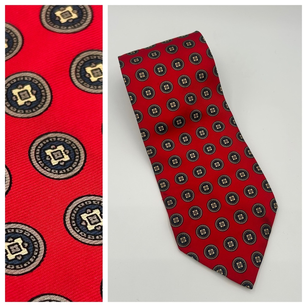 Christian Dior Monsieur Silk Tie Red Geometric Medallion Vintage Mens Necktie